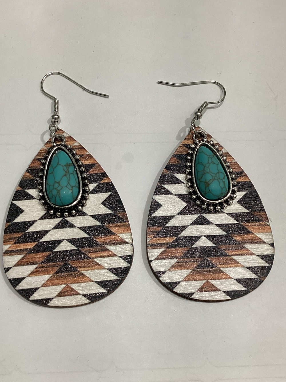 Turquoise Teardrop Aztec Pattern Dangle Earrings - Women Jewelry